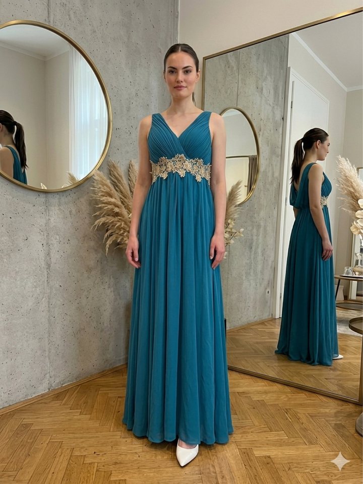 Teal & Gold – Fustan koktej me qira në Fushë Kosovë